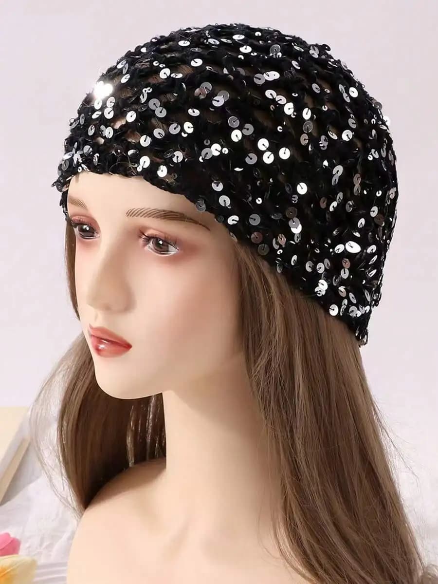 Cappello Beanie da Donna in Maglia con Paillettes, Lucido, Traspirante, Casual, alla Moda, per Uso Quotidiano e Fotografia