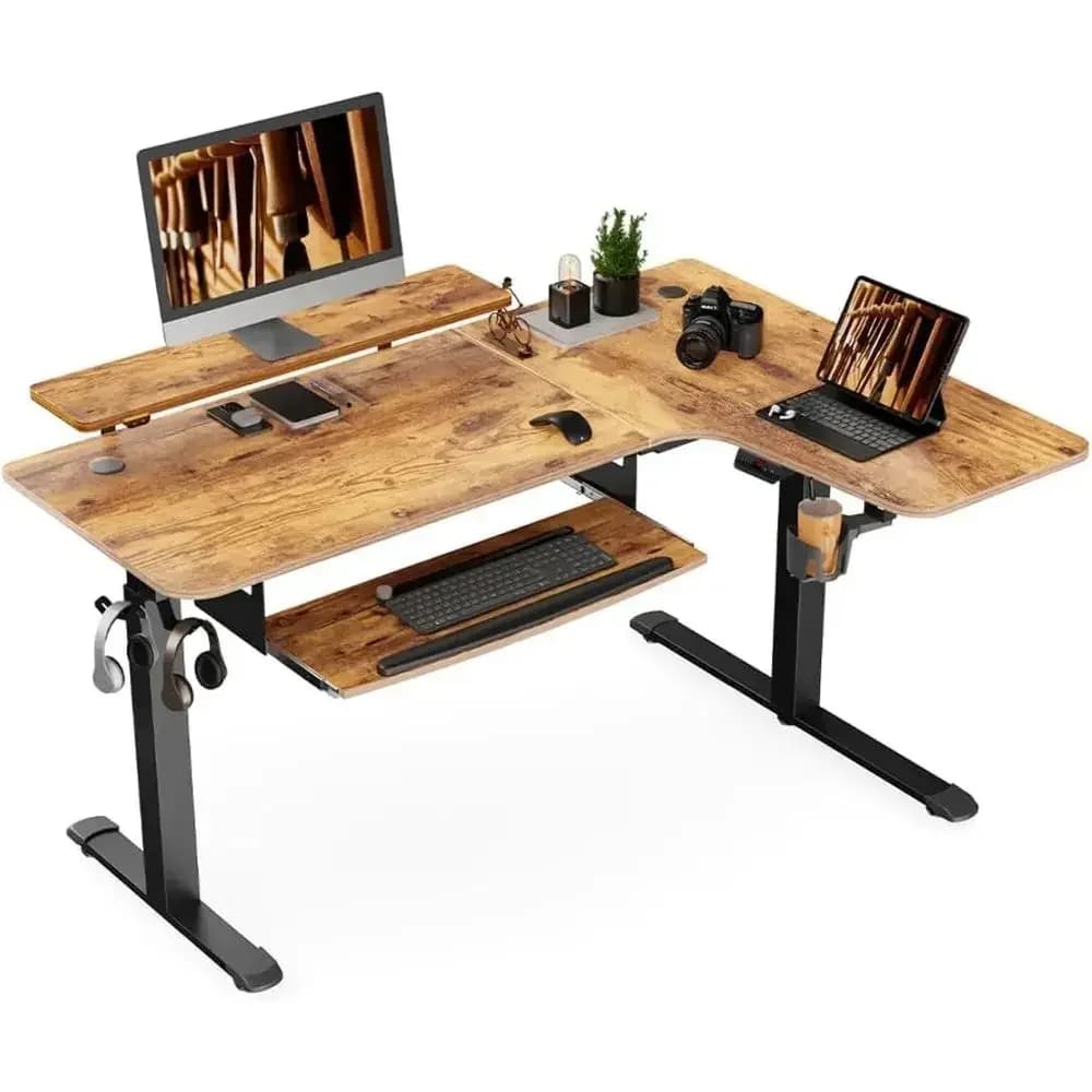 61 L-Shaped Electric Adjustable Height Desk with Monitor Stand, Dual Motor, Rustic Brown, for Sit-Stand and Gaming