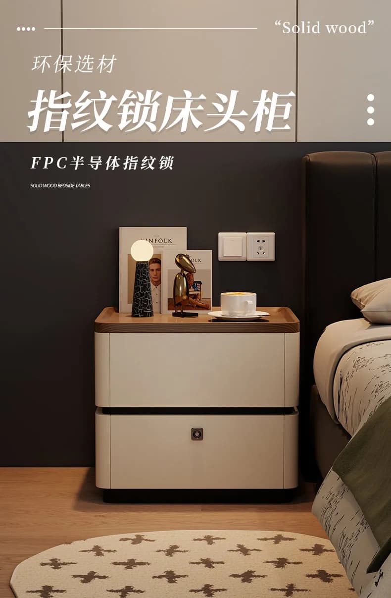Comodino intelligente in legno massello con serratura Minimalista italiano 2025 nuova luce di lusso camera da letto di fascia alta con impronta digitale l
