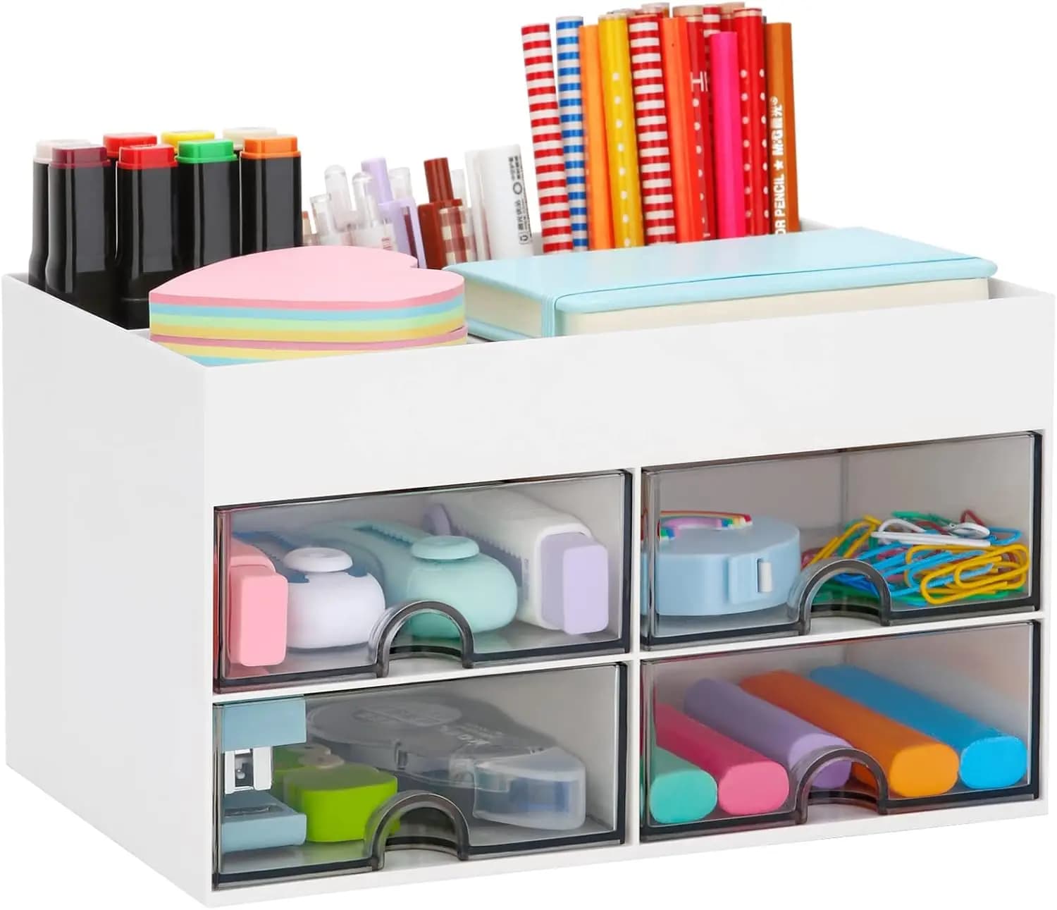 Organizer da Scrivania con Cassetto, Portapenne, Contenitore Portaoggetti per Forniture da Ufficio (Bianco)
