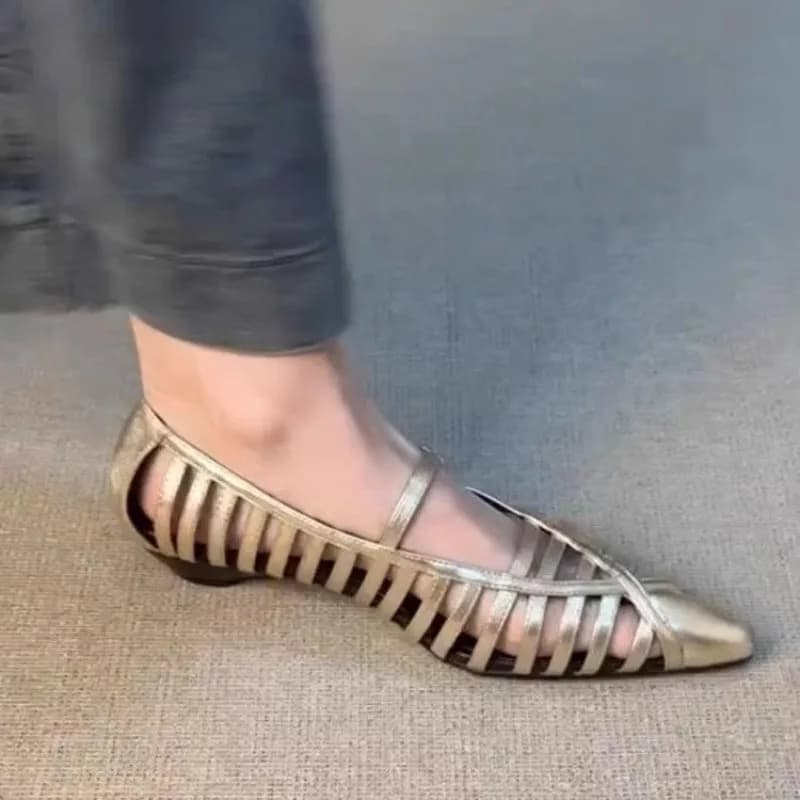 Women Sandals Pointed Toe Elegant Woman Hollow Out Narrow Band Sandals Summer Leather Low Heels Shoes Big Size Zapatos De Mujer