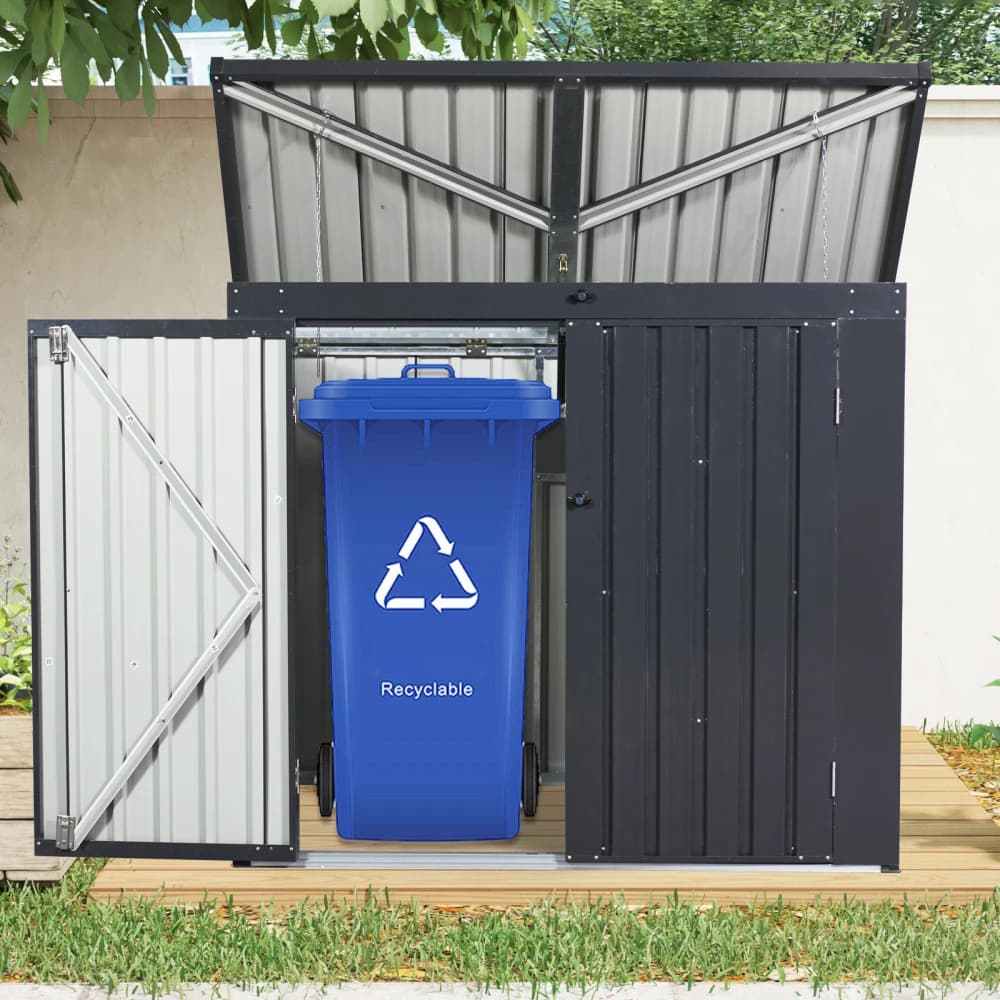 Casetta per Bidoni della Spazzatura, Contiene 2 Bidoni, Casetta Metallica per Esterni per lo Stoccaggio dei Rifiuti, Acciaio Inossidabile Zincato, Casetta per Bidoni da Giardino, Cortile, Prato, Nero