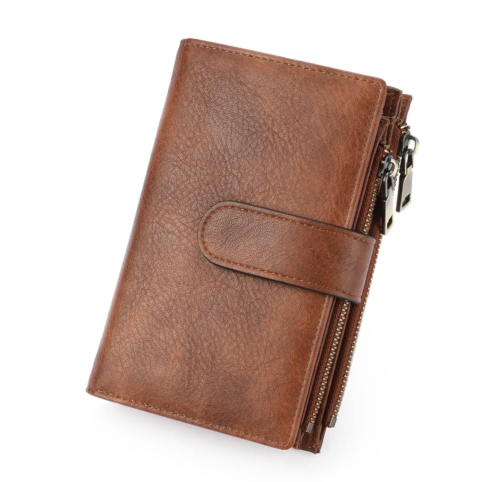 Women Vintage Leather Wallet Card Holder Double Zippers Coin Pocket Cash Organizer RFID Blocking Large Capacity Multislots Hasp