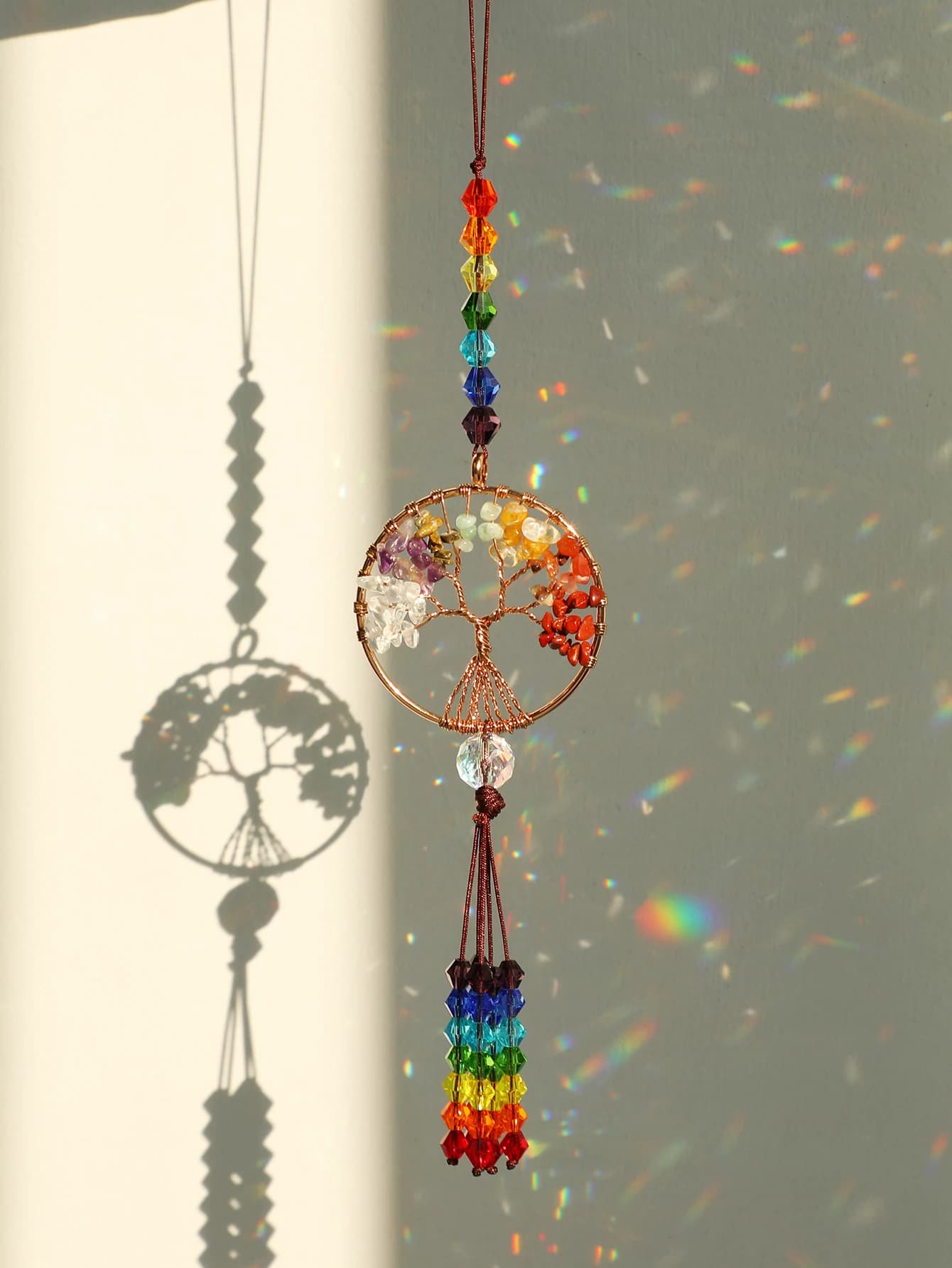Chakra Tree of Life Crystal Sun Catcher, Car Rearview Mirror Hanging Ornament with Rainbow Beads for Home Window Decoration Gift