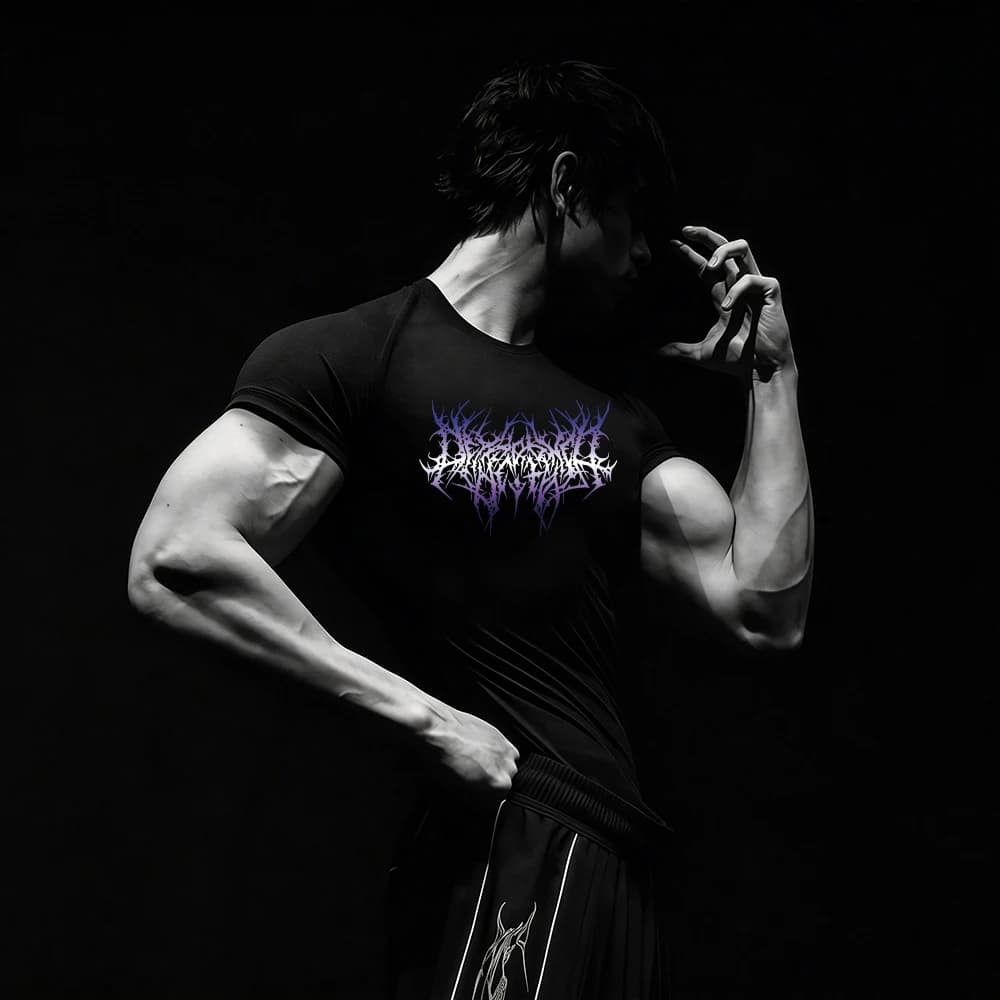 Men's Sports Compression T-Shirt Quick Drying Tight Fitting Fitness Short Sleeved Gradient Metal Font Printed Running Top