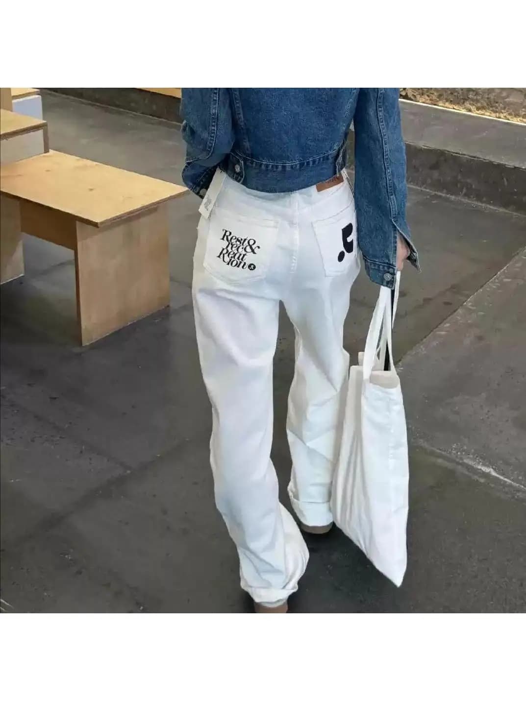 Casual Loose Fit Straight Leg Jeans Women's Long Pants High Waist Cotton RR Color Block Print Autumn Winter New Arrival