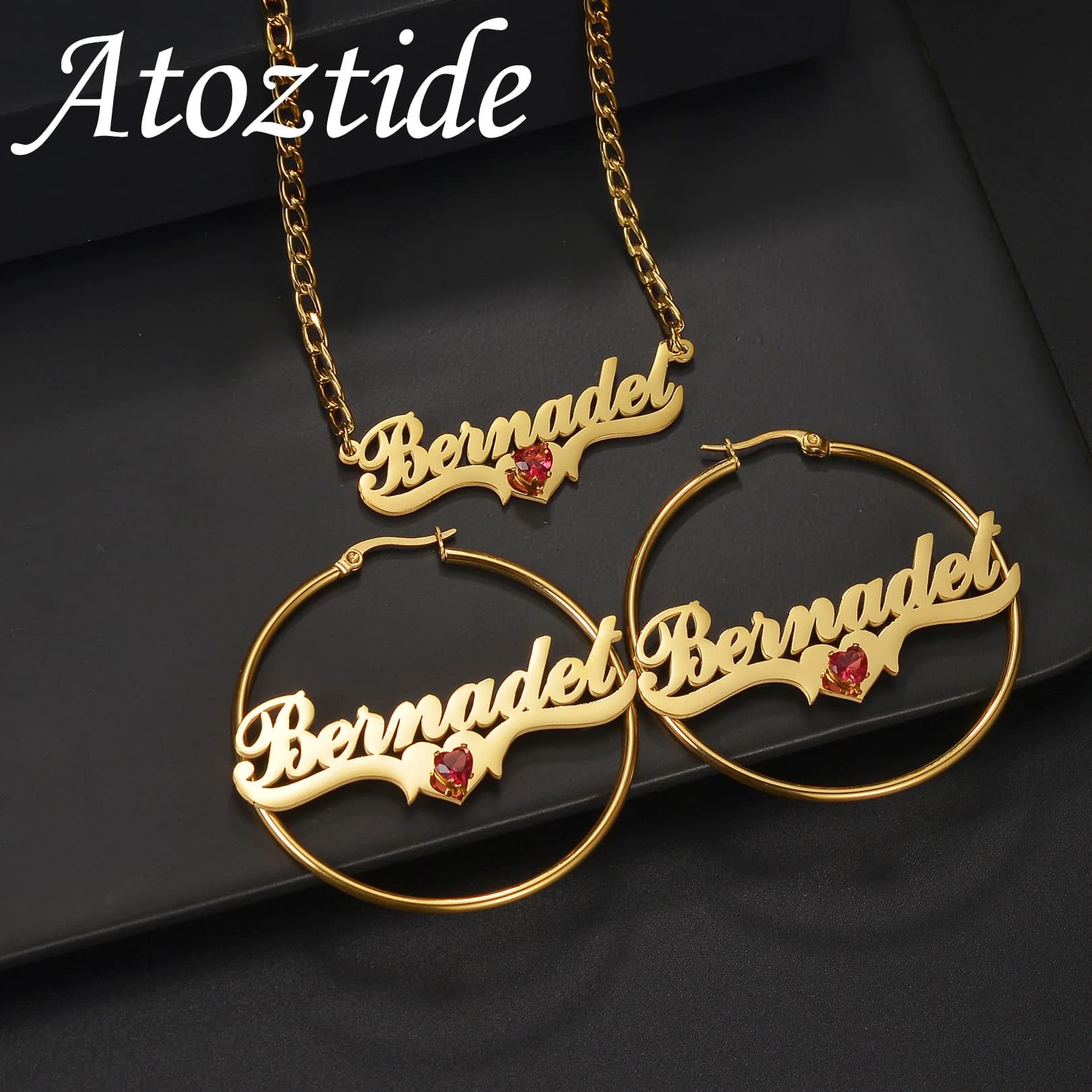Atoztide Set di gioielli con orecchini con collana con nome personalizzato per donna Regalo di compleanno con catena cubana in acciaio inossidabile con cuore in pietra personalizzato