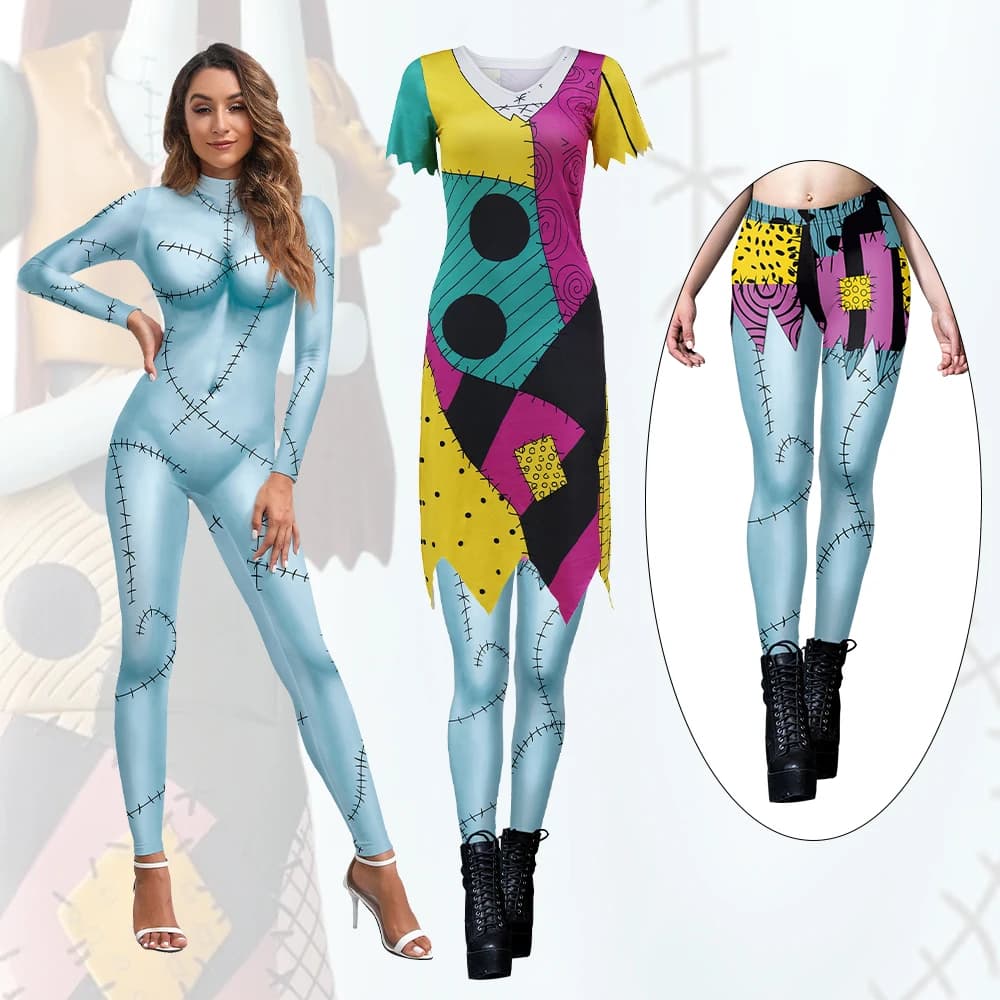 Cosplay Film Sally Costume Women's Zentai Body Dress Set Nightmare Christmas Party Dressing Party Sally Leggings Halloween