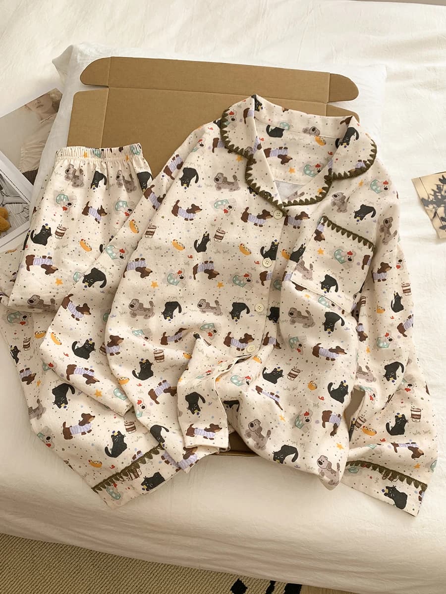 Pigiama in Flanella con Motivo Cane Cartoonesco, Set Due Pezzi da Donna, Maniche Lunghe, Caldo, Comodo e Traspirante in Cotone, Abbigliamento per Casa, Primavera Autunno