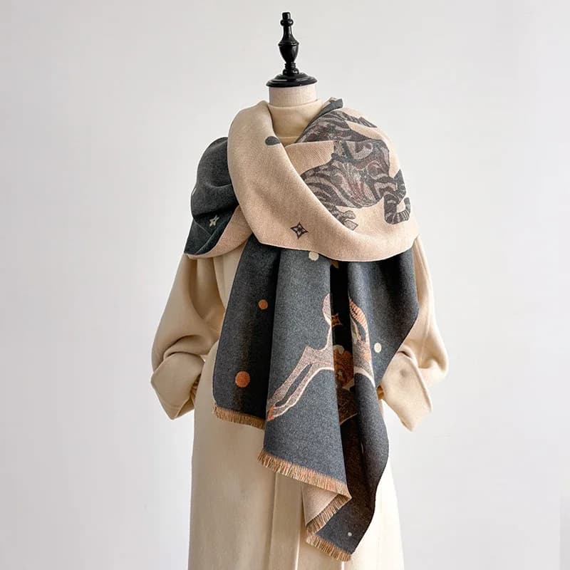 Women's Faux Cashmere Winter Scarf - War Horse Pattern Thick Warm Blanket Scarf | Fashionable Luxurious, Easy-Match with Coat