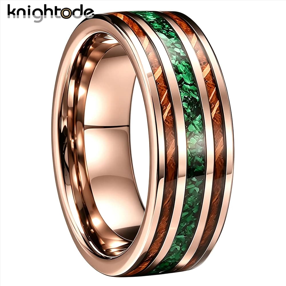 8mm Tungsten Ring for Men Women with Green Crushed Stone And Whiskey Barrel Wood Inlay Comfort Fit Wedding Band