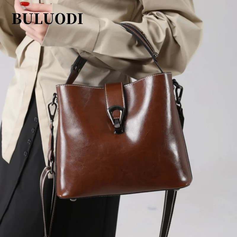 Female Cowhide Commuting Crossbody Bags Women's Retro Top-grain leather Shoulder Handbag Ladies Waxed Cowhid Genuine Leather Bag