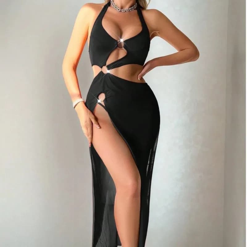 Sexy woman's nightdress, swimsuit without exposure on the back, sexy bikini costume in pure color, long dress with women's slit.