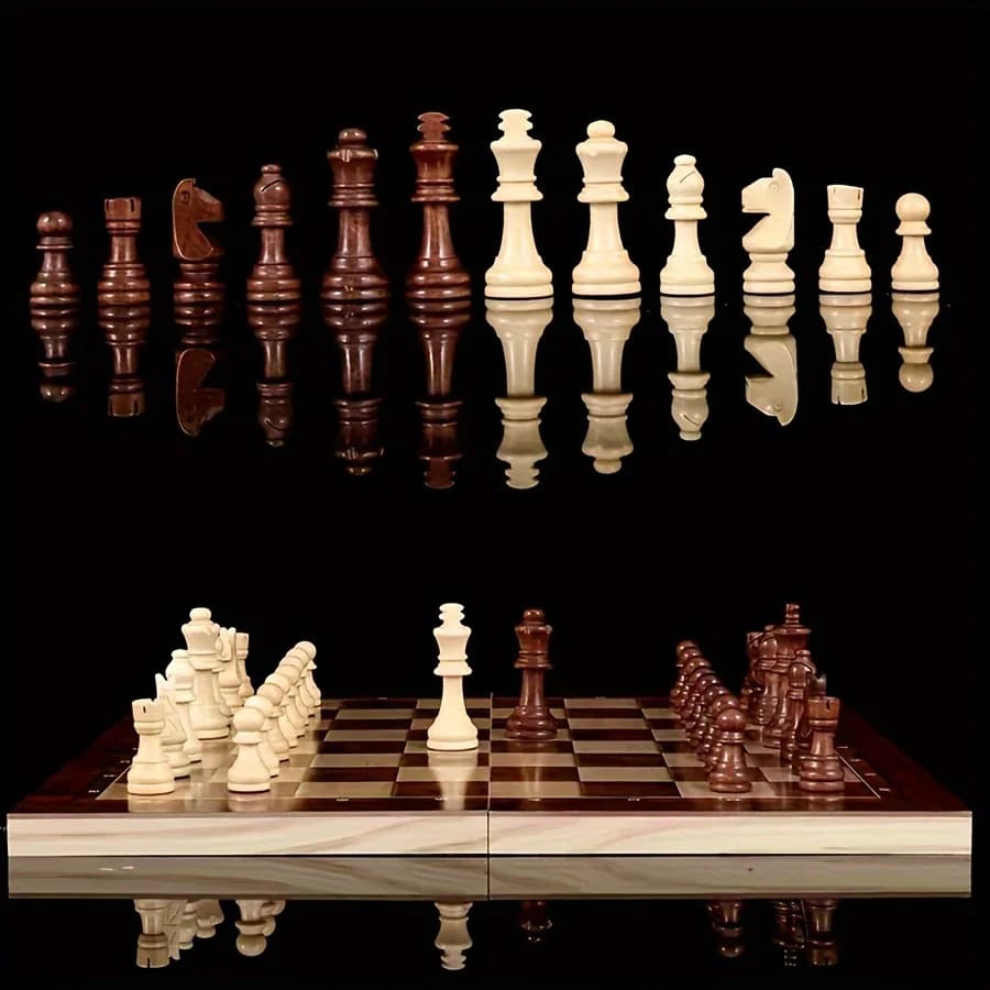 Set di Scacchi in Legno Tre-in-Uno da 34CM, Gioco Strategico Educativo Portatile e Pieghevole per Intrattenimento