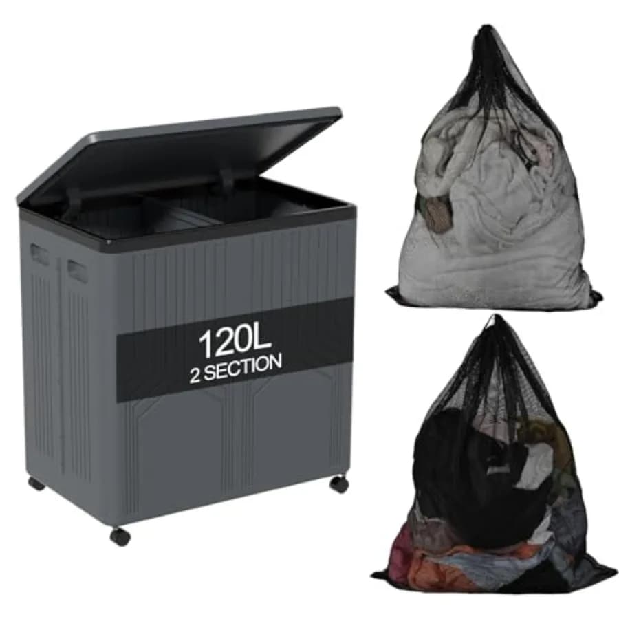 Cesto per Bucato Doppio da 120 L con Sacchi Rimovibili, Cesto per Bucato con Ruote, 2 Scomparti con Coperchio, Cesto Pieghevole in Plastica per Vestiti