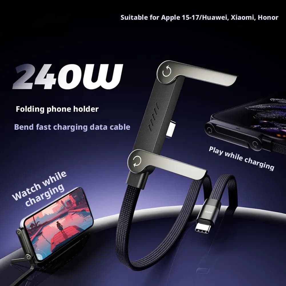 USB-C 240W USB-C cable with fast charging PD and folding phone support, compatible with iPhone, Xiaomi, HUAWEI
