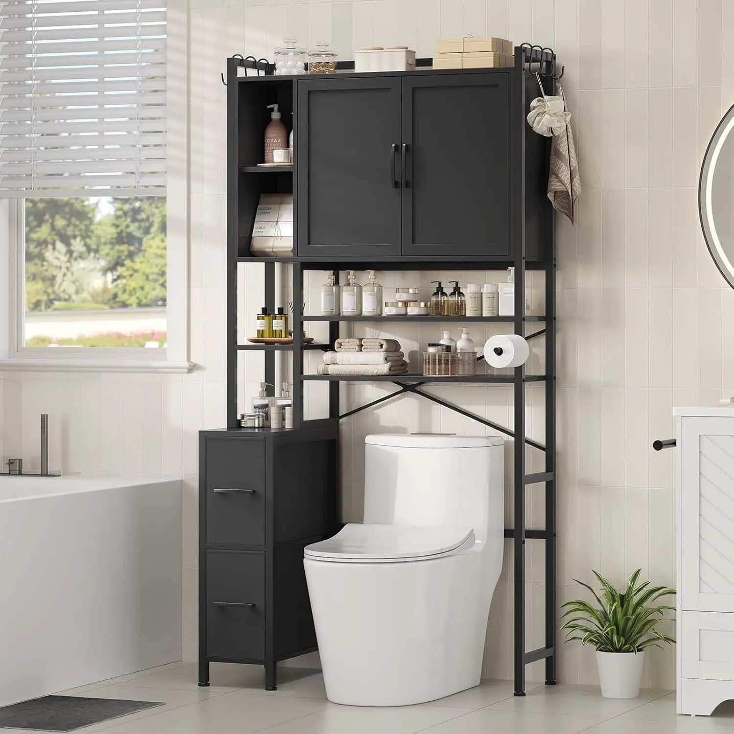 Mobiletto a 7 Ripiani Sopra il WC con Cassetti, Ganci e Portarotolo, per Bagno e Lavanderia, Nero, Personalizzabile