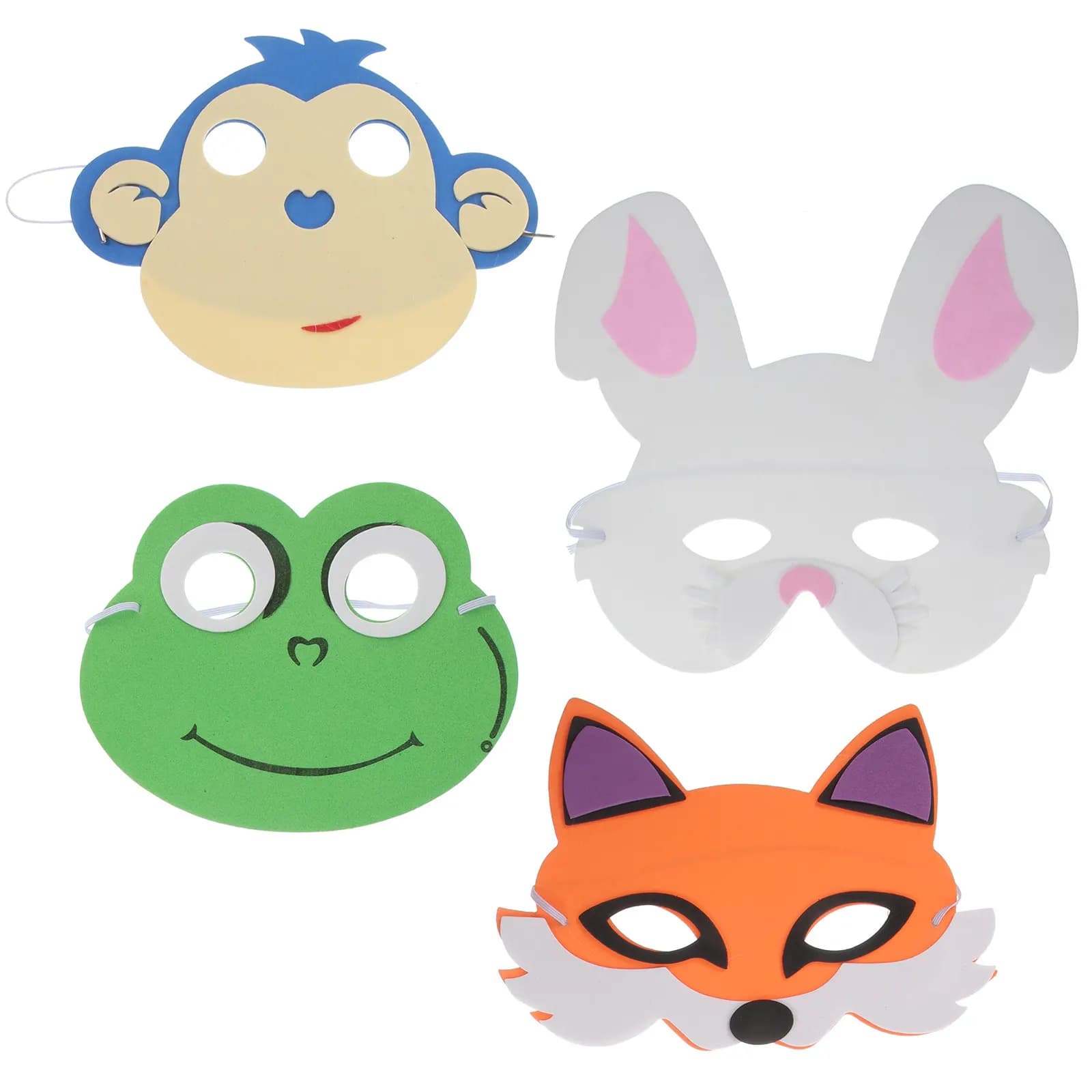 Set di 4 Maschere Animali in EVA, Mezze Maschere Cartoon di Scimmia, Coniglio, Rana, Volpe per Feste di Halloween, Mascherata, Cosplay, Decorazioni per Palcoscenico, Riutilizzabili