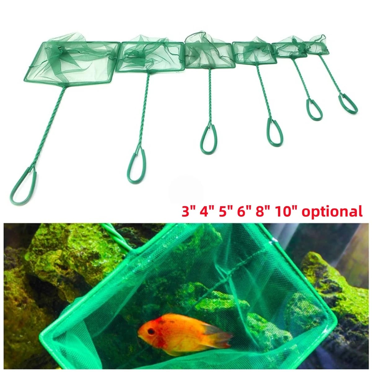3 ~ 10 pollici portatile in nylon verde rete per pesci acquario manico lungo quadrato acquario piccolo pesce gamberetti guadino strumento di pulizia 2 pezzi
