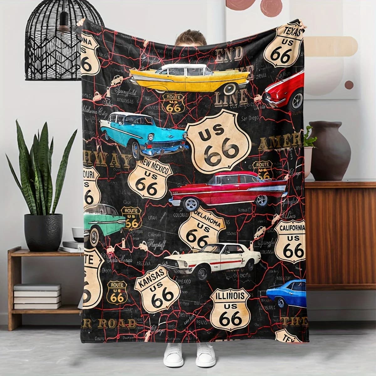 1 pezzo, coperta di flanella, modello vintage mappa USA (auto classiche), morbida, calda e confortevole coperta da ufficio per divano letto, coperta per il pranzo