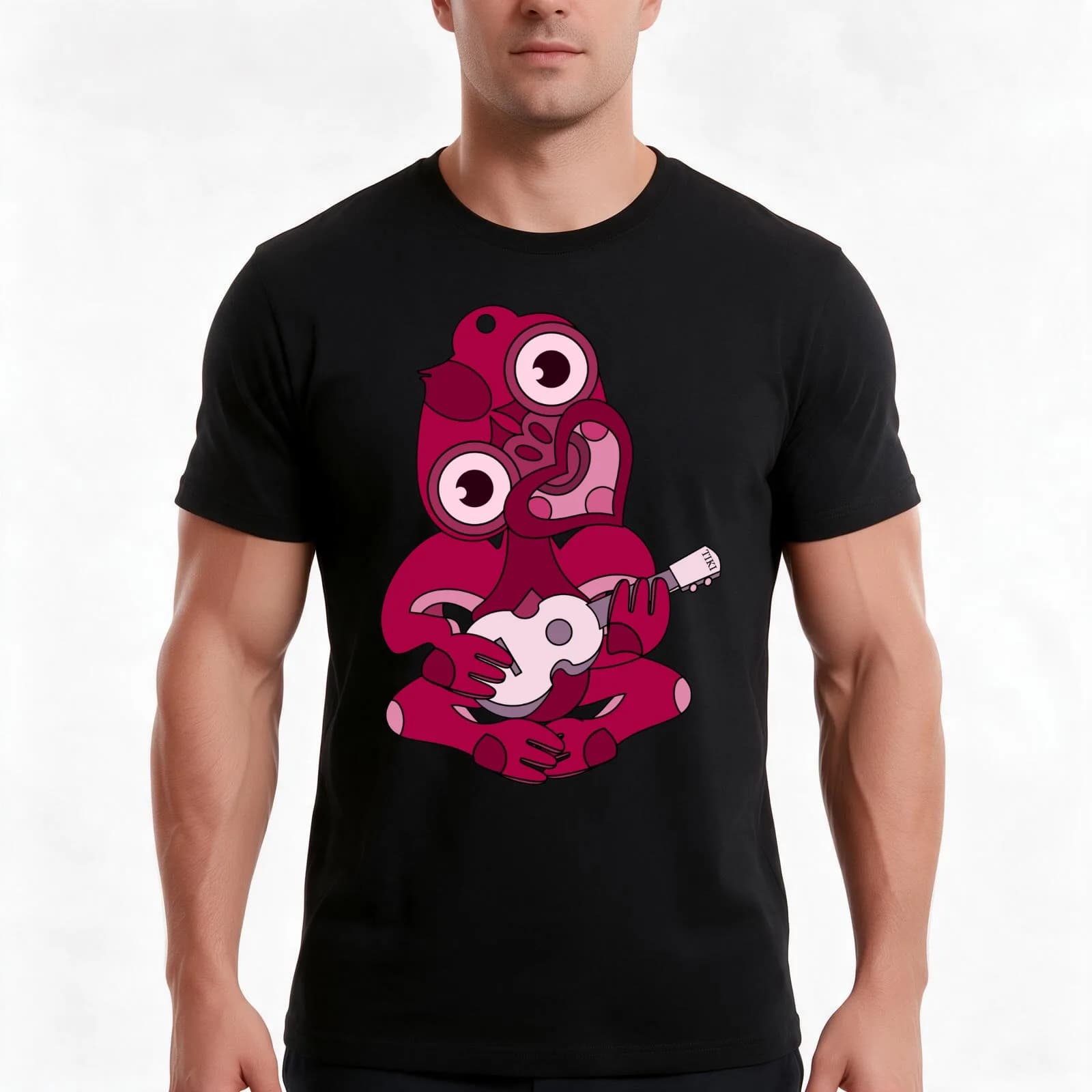 Pink Hei Tiki with ukulele T-Shirt, Summer Casual Cotton Tee, Oversized Streetwear Tops, Vintage Graphic Print, Unisex Men Women