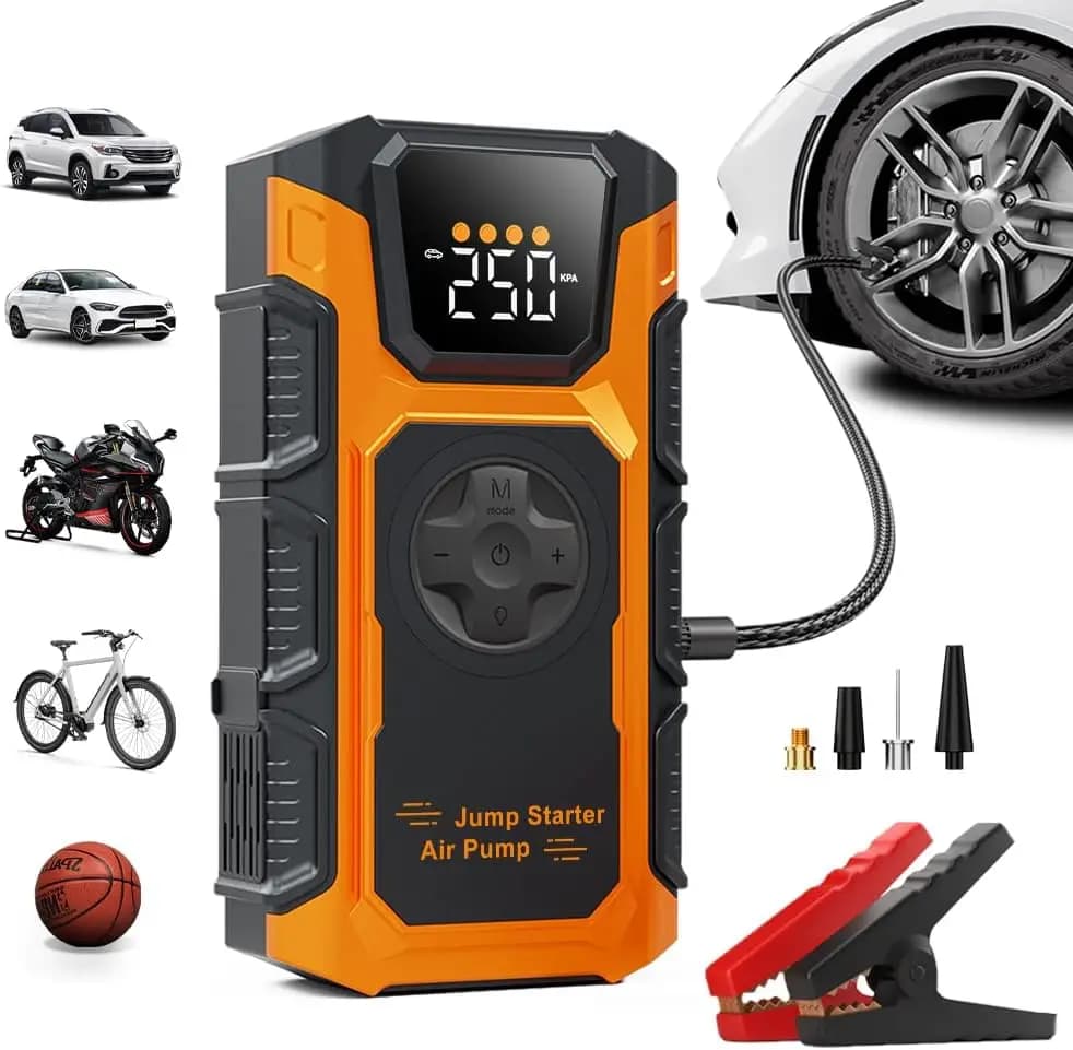 Compressore d'aria portatile con 150 PSI, spegnimento automatico e avviatore di emergenza per auto, biciclette e palloni