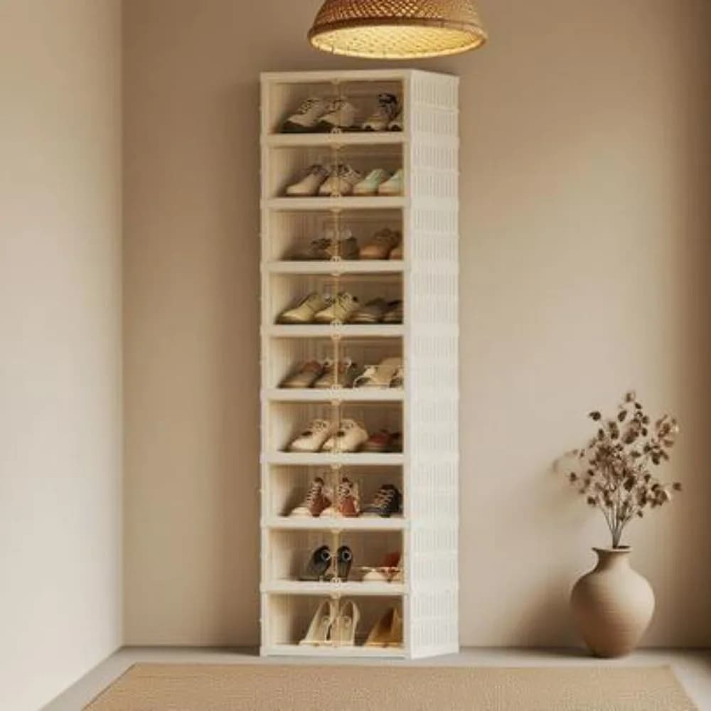 9 Tier Foldable Shoe Cabinet Storage Organizer Holds 36 Pairs Clear Plastic Collapsible Stackable Shoe Boxes Large Capacity Portable Closet Shelving Unit for Hallway Entryway Living Room Bedroom Dorm