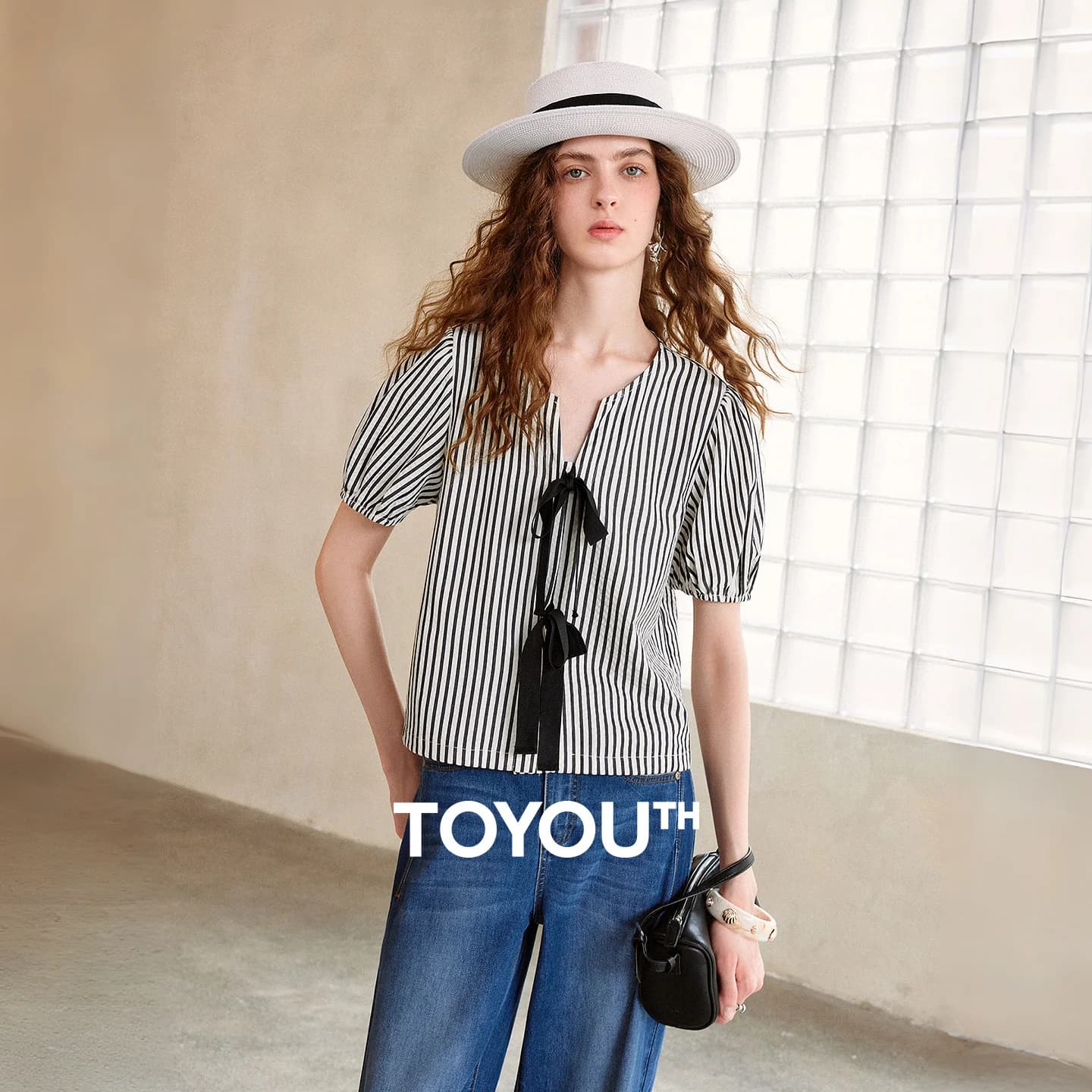 TOYOUTH Women Shirts 2026 Summer New Airy Textured Cropped Loose Striped Tie Bow Knot Casual Lightweight Breathable Tops