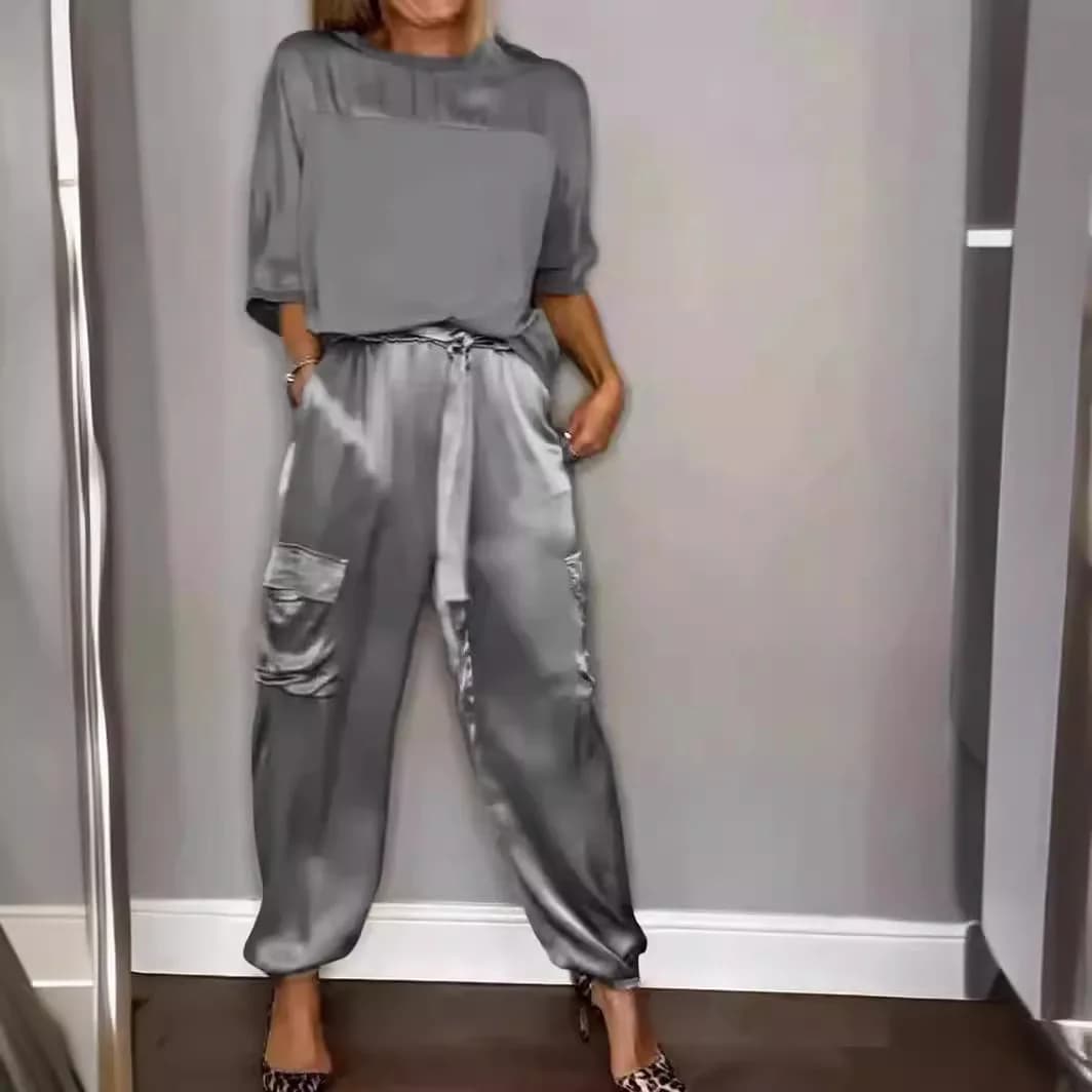 Women Spring Summer Fashion Solid Color Satin Two Piece Set New O Neck Long Sleeve Top Long Pants Casual Loose Two Piece Set