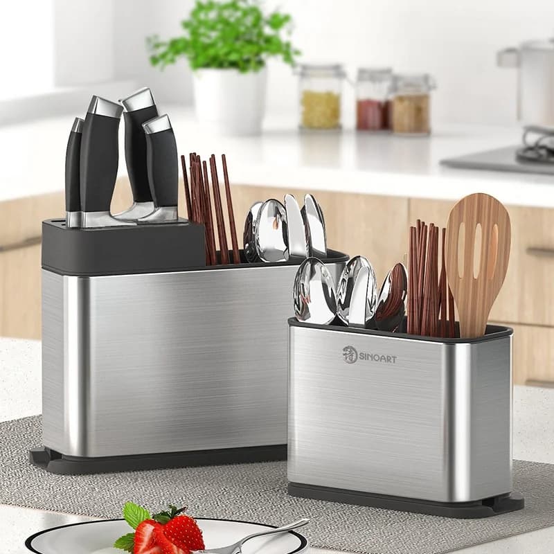 Portautensili da Cucina in Acciaio Inossidabile, Porta Bacchette, Forchette, Cucchiai e Coltelli con Scolapiatti, Gabbia/Supporto per Utensili da Tavola