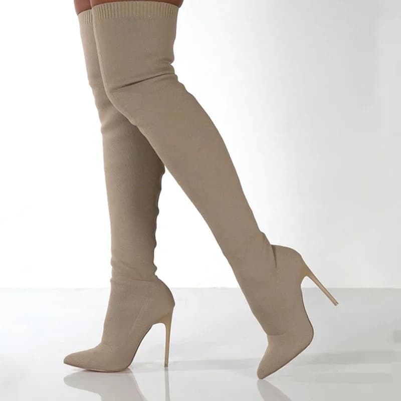 Donna Autunno Stivali sopra il ginocchio Tacco alto a spillo Slip on Scarpe a tubo in maglia elastica Beige Nero Retro Sexy Bota Feminina 2025