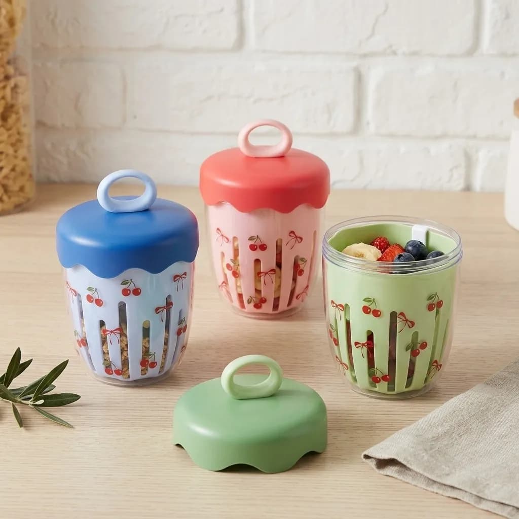 Portable Plastic Overnight Oats Container Yogurt Salad Cup Kids Leakproof Bento Lunch Box Food Storage With Drain Handle Fork