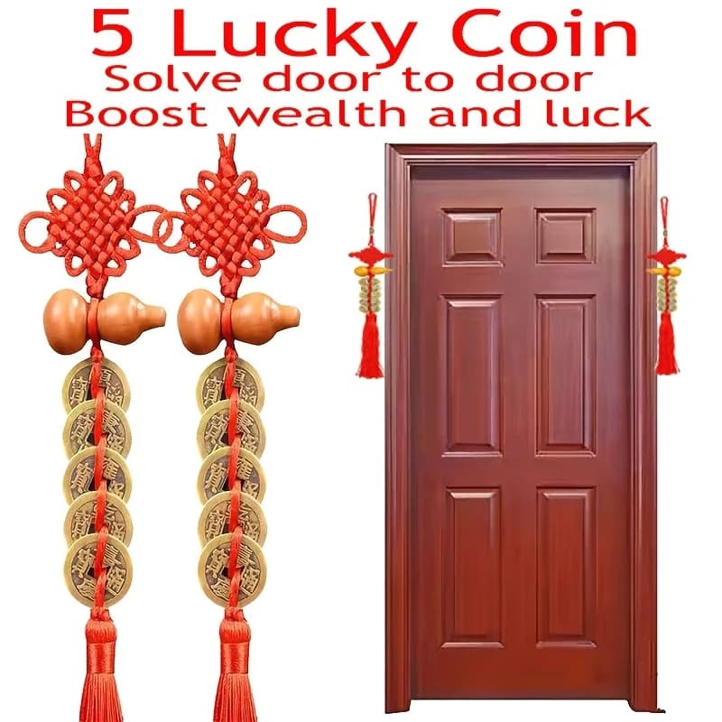 Ciondolo per moneta cinese Feng Shui da 2 pezzi, decorazione per zucca con cinque monete dell'imperatore per porta, ornamento da appendere che attira la ricchezza