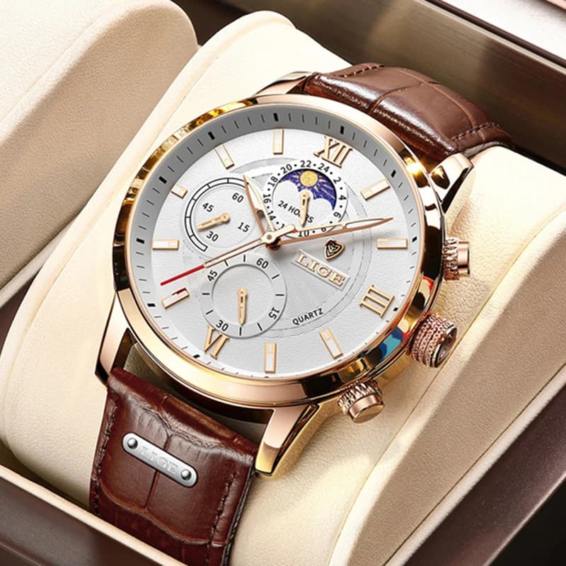 Orologio da Uomo LIGE, Moda in Pelle Impermeabile con Fasi Lunari 24 Ore, Orologio Casual Business Sportivo al Quarzo Cronografo Reloj Hombre + SCATOLA