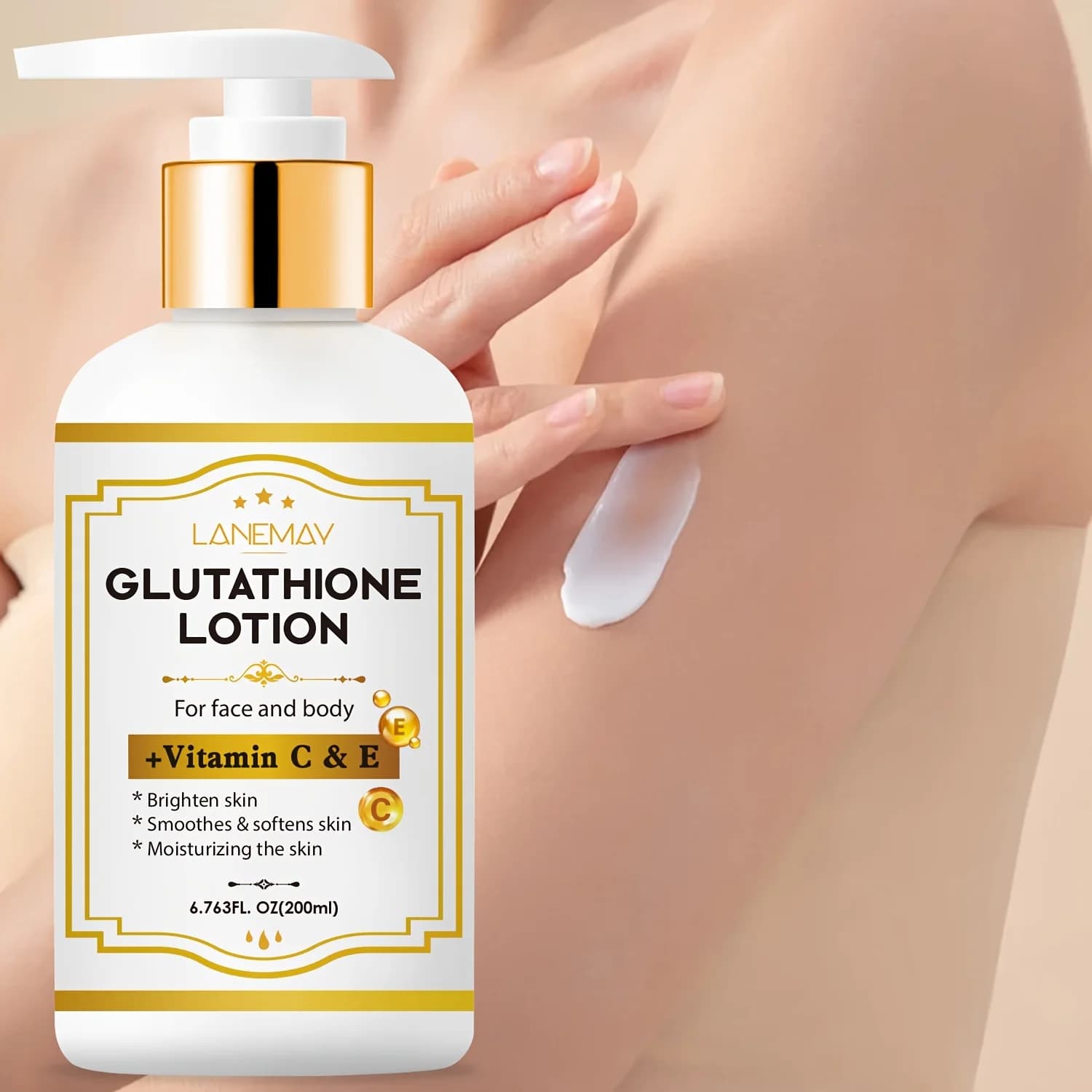 Glutathione lotion with vitamin C&E - Bright moisturizing cream, moisturizing face and body for light beige dry, screpolated, without parabens