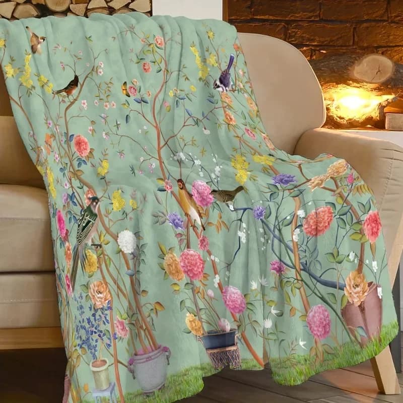 1 pezzo di coperta creativa in flanella con fiori e uccelli, comoda, calda e morbida coperta da tiro per divano per tutte le stagioni, coperta da viaggio per letto da ufficio