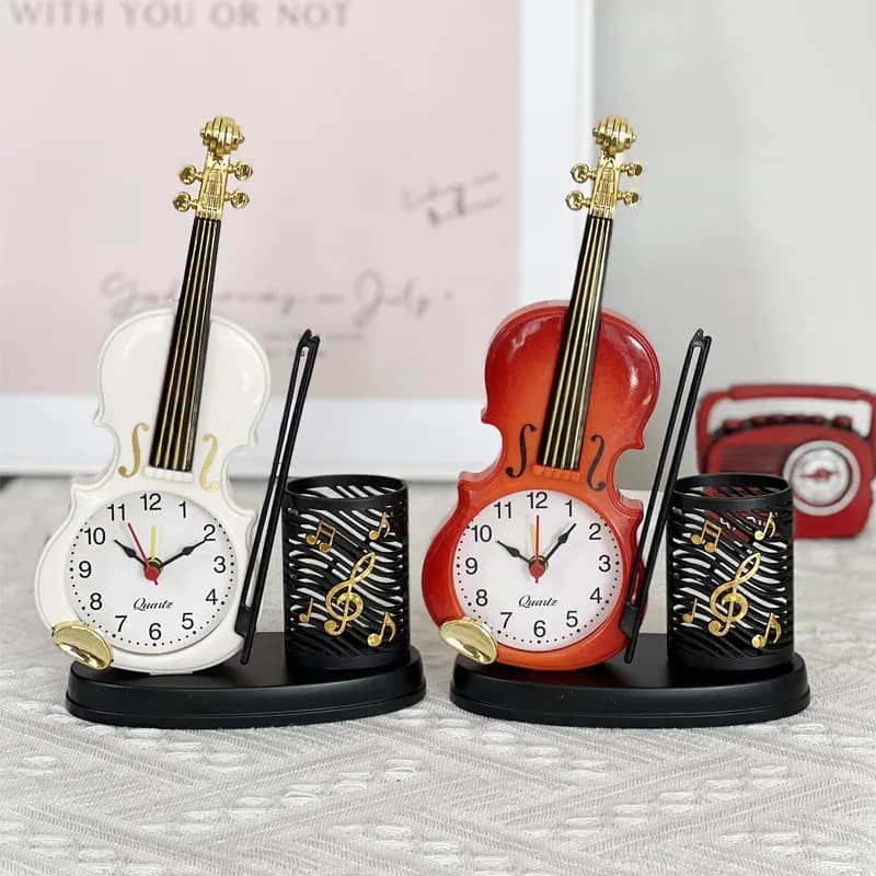 Sveglia per violino musicale - Organizer da scrivania creativo con portapenne, orologio al quarzo silenzioso unico per casa e ufficio per gli amanti della musica