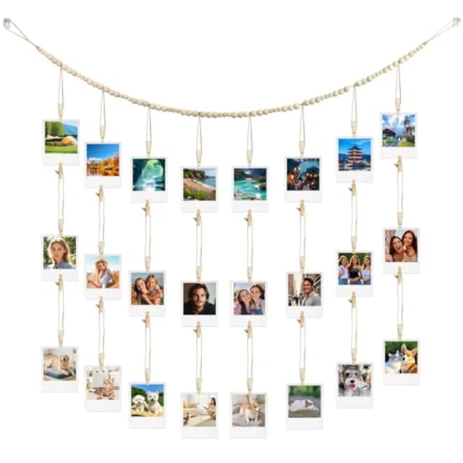 Hanging Photo Display with 28 Clips Wall Decor Boho Wooden Beads Garland Picture Banner Collage Picture Card Frame Holder Photo