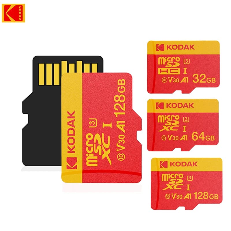 Scheda Micro SD KODAK da 32 GB-256 GB UHS-I U3 V30 Scheda di memoria TF ad alta velocità per smartphone, tablet, fotocamera sportiva con adattatore