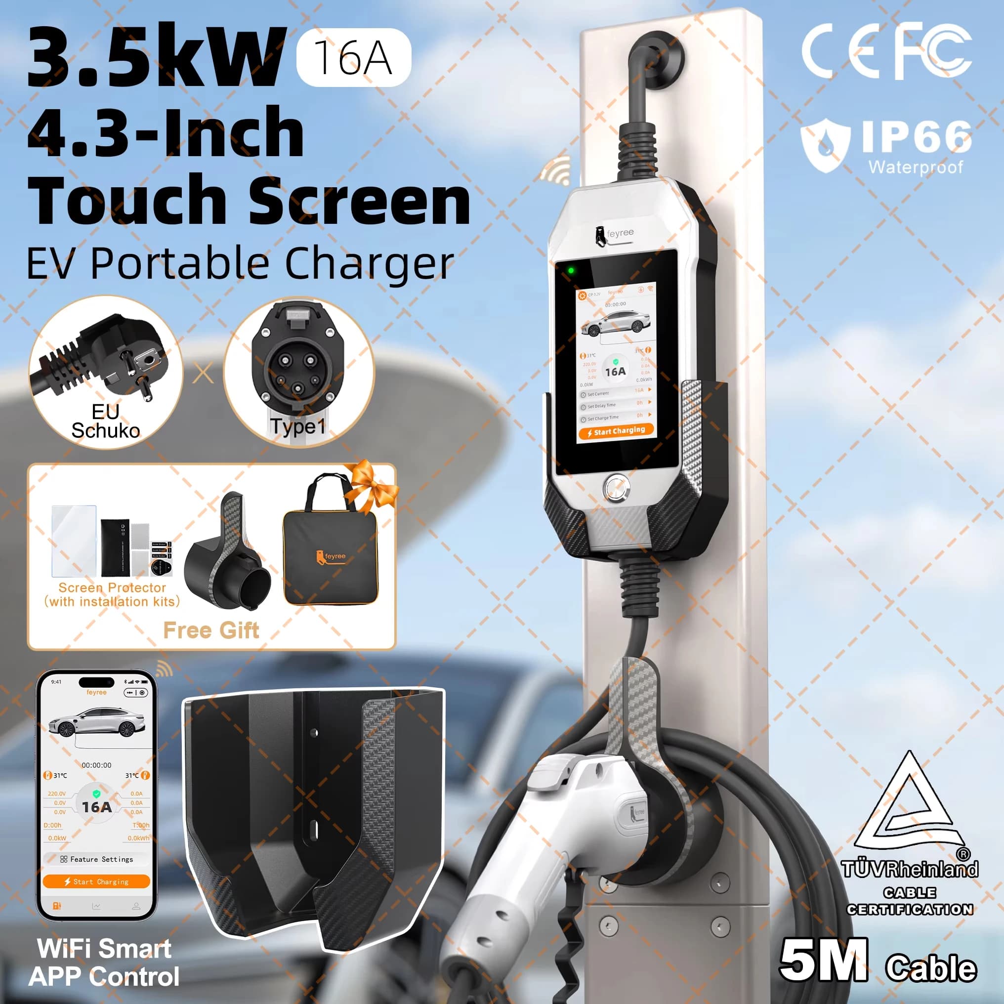 Caricatore EV Portatile Feyree Type1 3.5kW 16A con Schermo Touch da 4.3 Pollici, Controllo Remoto Smart WIFI APP, Stazione di Ricarica AC EV