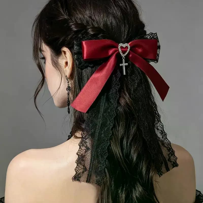 Gothic Girl Exquisite Hair Accessories Lolita Japanese Lace Ponytail Hair Clip Cute Bow Hairpins Bag Decoration