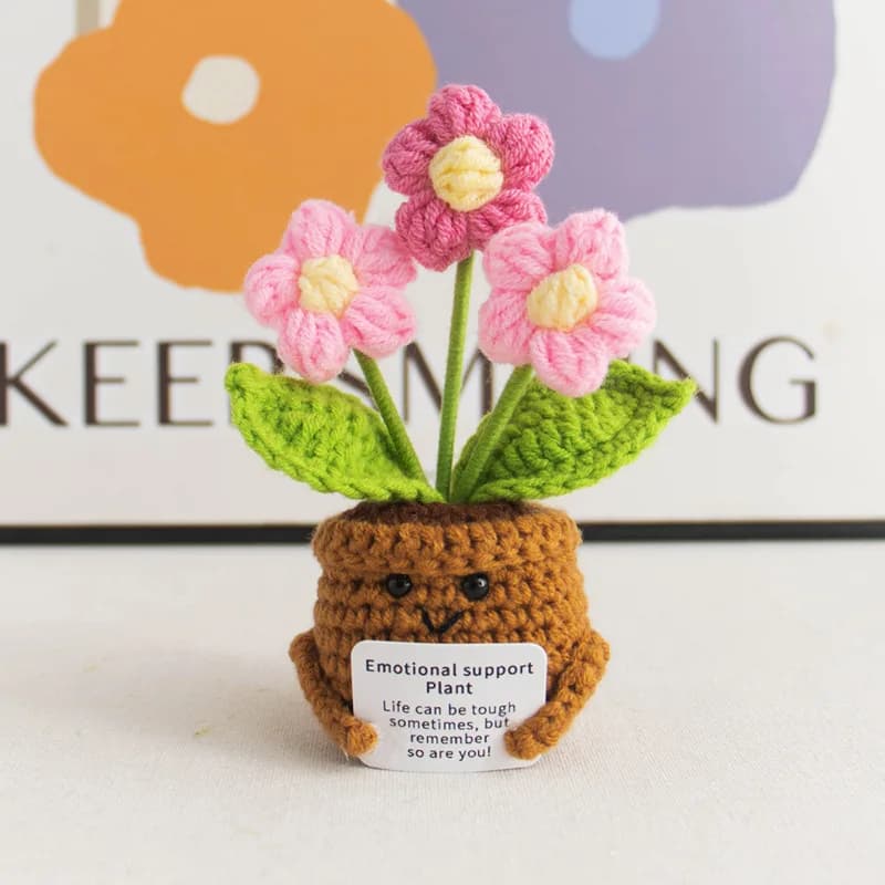 Handmade Crochet Peony Potted Plant with Encouragement Card, Plush Toy, Knitted Flower Pot Desk Home Office Decor Gift