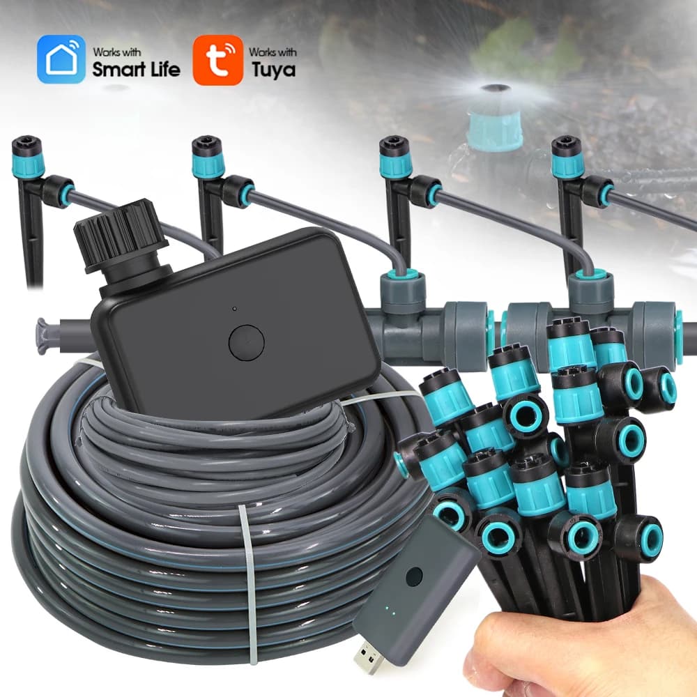 Sistema di irrigazione automatico con tubo PE da 30-5M (da 3/8 a 1/4 pollici), irrigatore a picchetto da 14 cm, kit di irrigazione a goccia con connettore rapido per giardino e balcone