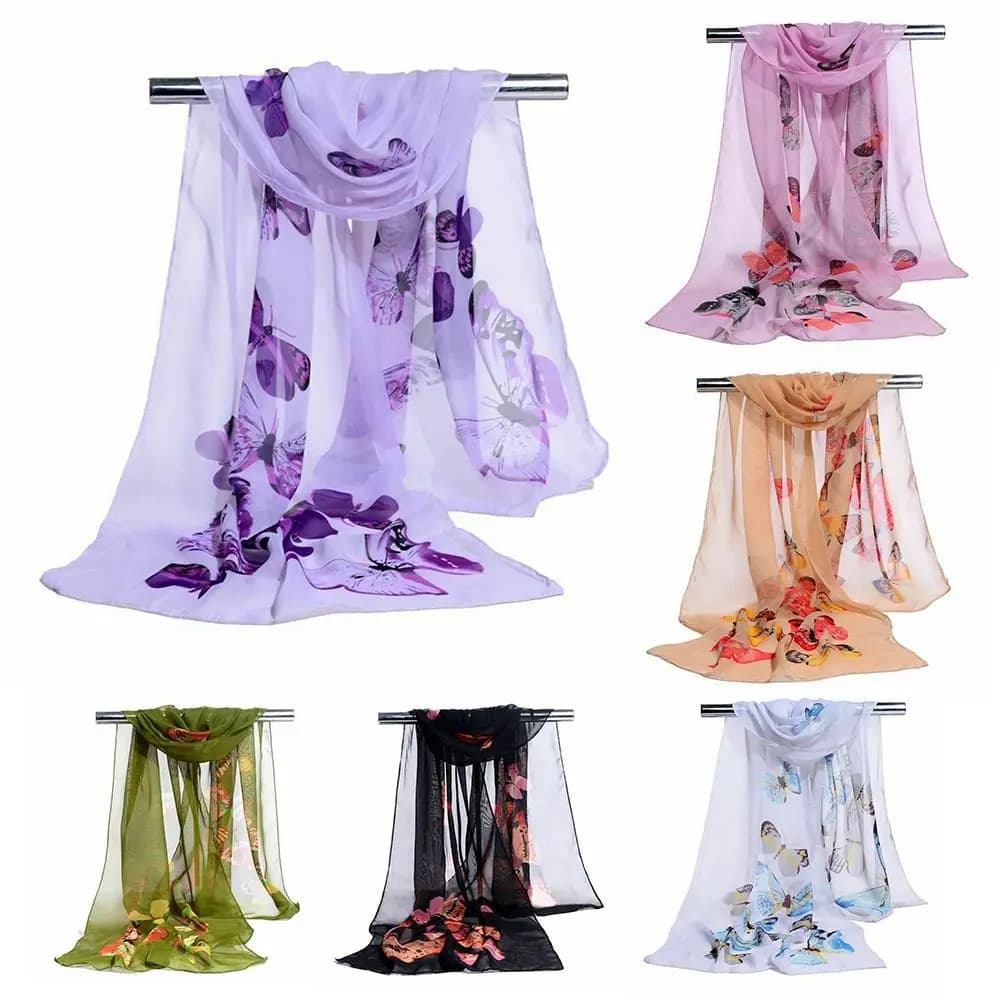 Sciarpa Lunga in Chiffon con Stampa Floreale e Farfalle, Morbida e Avvolgente, per Donna