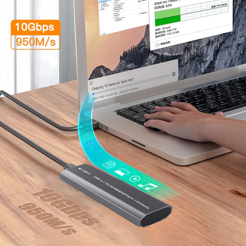 Adattatore SSD Esterno M.2 a USB Type-C 3.1 Senza Attrezzi, Box SSD Dual Protocollo NVMe/NGFF Compatibile con Windows/macOS/Android/HarmonyOS