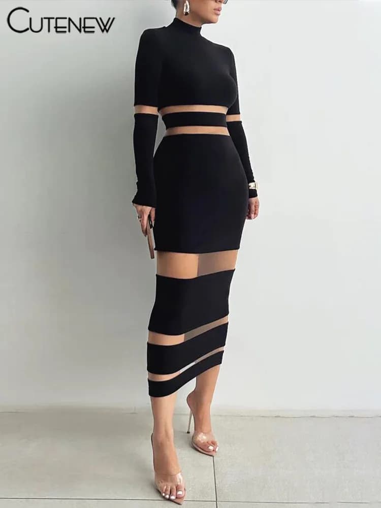 NIBBER Women's Elegant Turtleneck Stripe Knitted Maxi Dress Full Sleeves Body-shaping Robe Evening Sexy Attirewear Vestidos