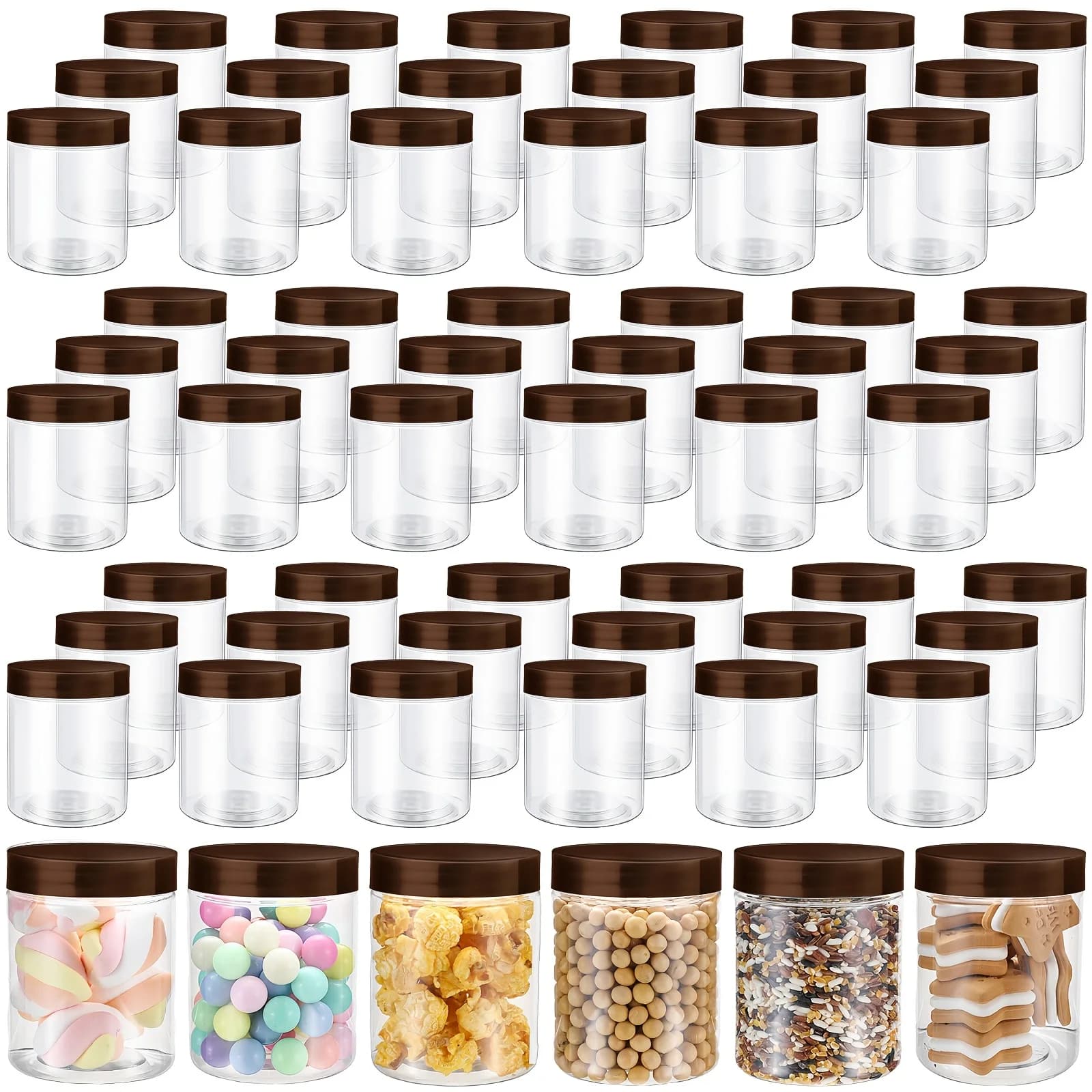 60 barattoli in plastica marrone da 8 once con coperchi - Contenitori rotondi a tenuta stagna, ricaricabili, per cucina, viaggi, creme per il viso e spezie, vuoti, per alimenti domestici