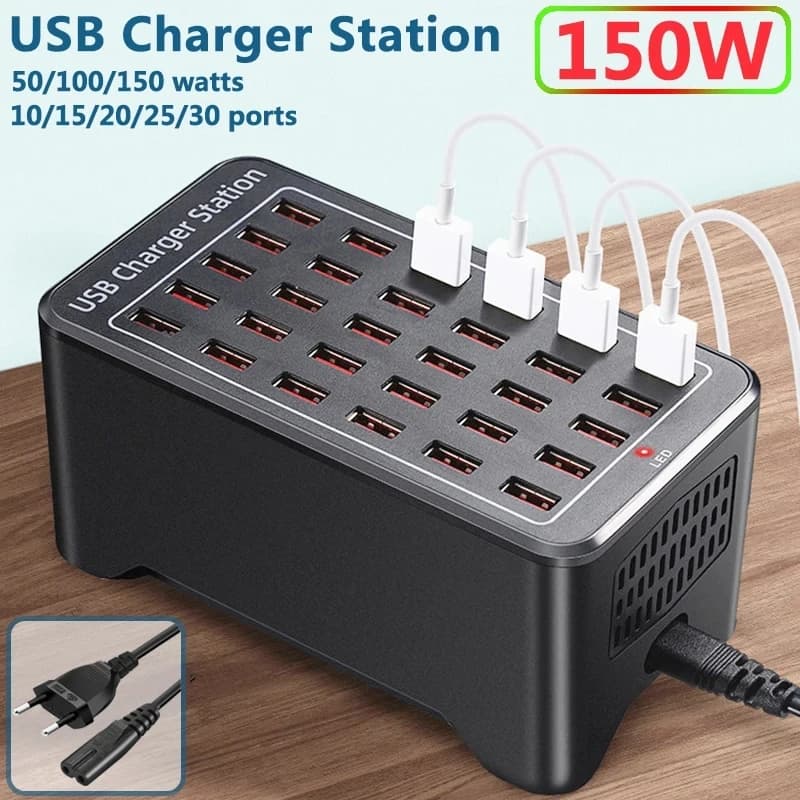 Caricatore USB 10 15 20 25 30 porte HUB 150W Stazione di ricarica rapida da tavolo universale da parete Dock per adattatore di alimentazione per telefono cellulare