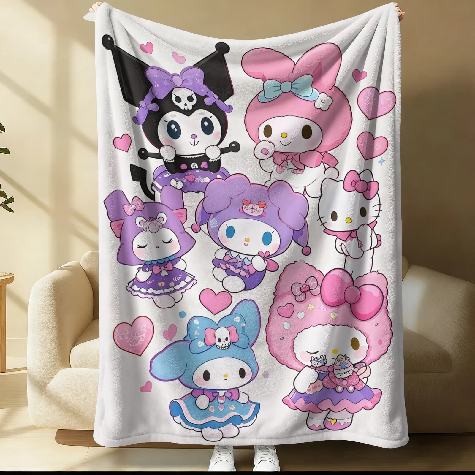 Coperta in Flanella con Personaggi Sanrio, Kuromi, My Melody, Hello Kitty, per Camera da Letto, Soggiorno e Viaggi, Adatta a Tutte le Stagioni