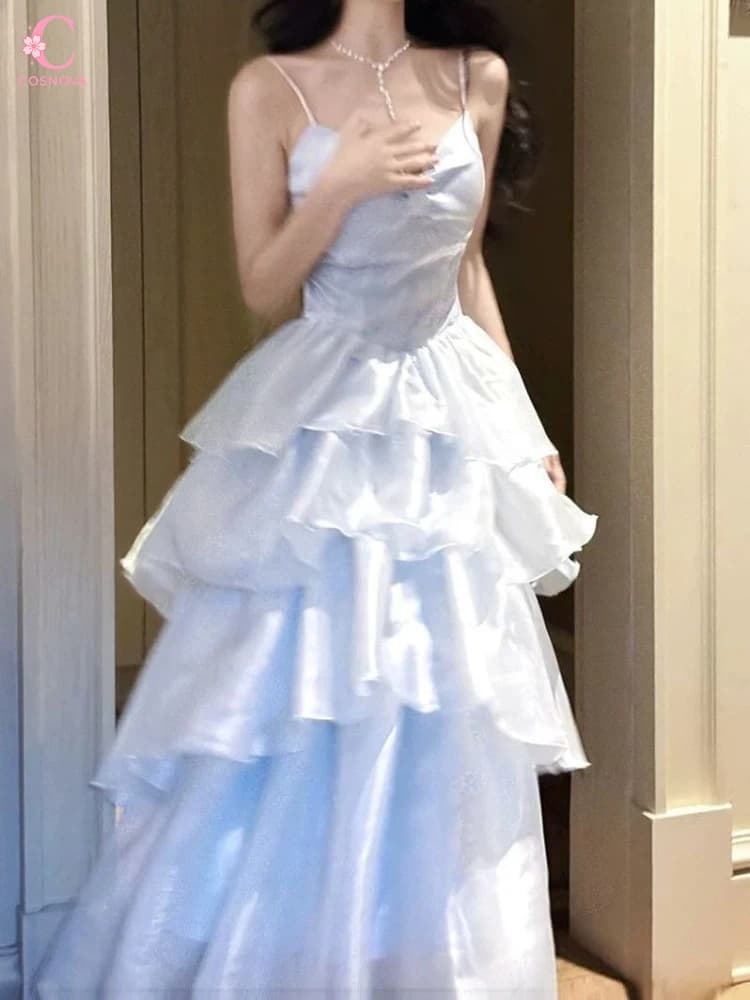 Splendido Abito da Sera Blu con Spalline Sottili, Vestito da Principessa per Feste di Compleanno, Elegante Abito da Cerimonia per Donne